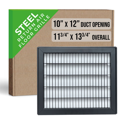 10"x12" Black Steel Return Air Floor Grille, Walkable Heavy-Duty Fixed-Blade Vent Cover