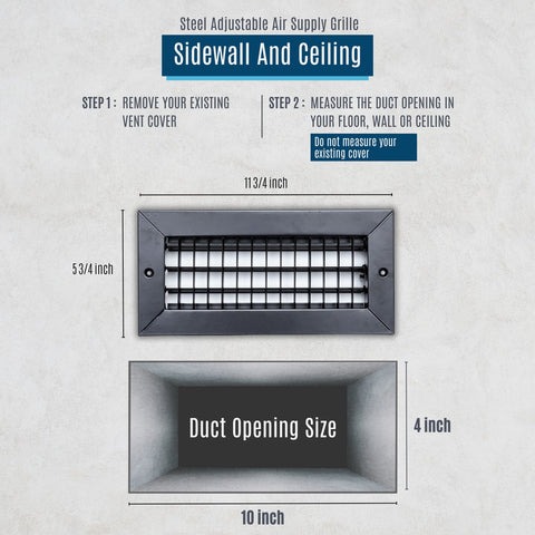10"x4" Black Steel Adjustable Supply Register, Air Vent Cover with Damper for Sidewall Or Ceiling