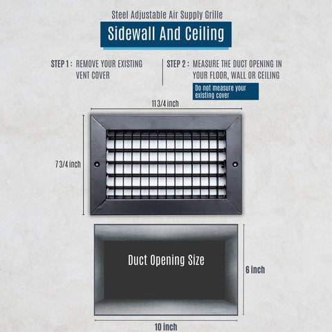 10"x8" Black Steel Adjustable Supply Register, Air Vent Cover with Damper for Sidewall Or Ceiling