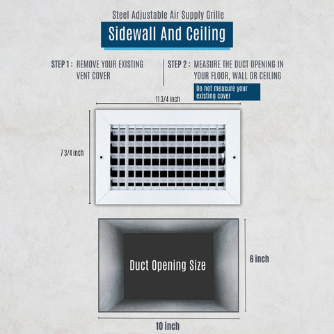 10"x6" White Steel Adjustable Supply Register, Air Vent Cover with Damper for Sidewall Or Ceiling