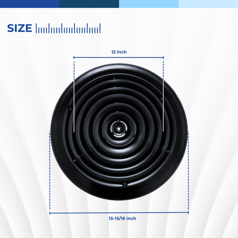 12" Black Steel Round Ceiling Diffuser, Supply Vent Cover for Round Neck Air Ducts