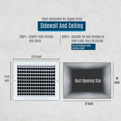 12"x10" White Steel Adjustable Supply Register, Air Vent Cover with Damper for Sidewall Or Ceiling