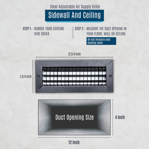 12"x4" Black Steel Adjustable Supply Register, Air Vent Cover with Damper for Sidewall Or Ceiling