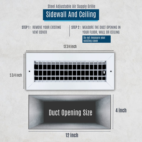12"x4" White Steel Adjustable Supply Register, Air Vent Cover with Damper for Sidewall Or Ceiling