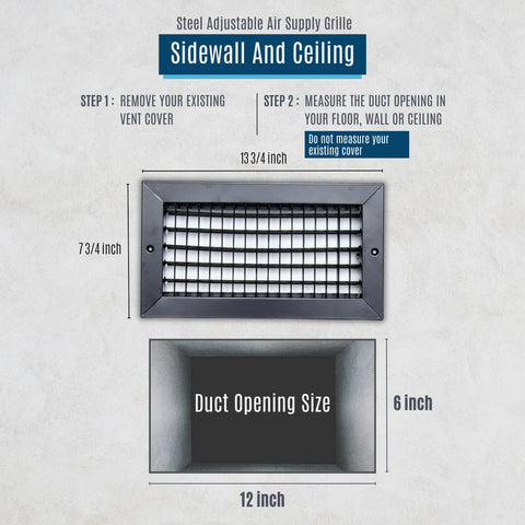 12"x6" Black Steel Adjustable Supply Register, Air Vent Cover with Damper for Sidewall Or Ceiling