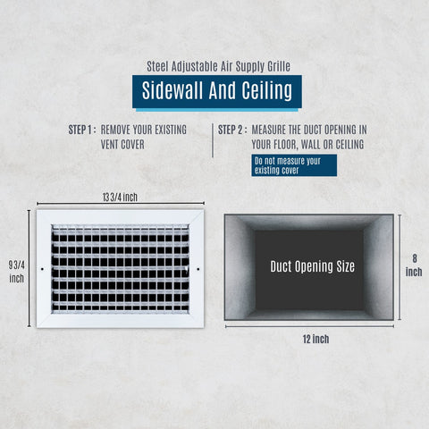 12"x8" White Steel Adjustable Supply Register, Air Vent Cover with Damper for Sidewall Or Ceiling