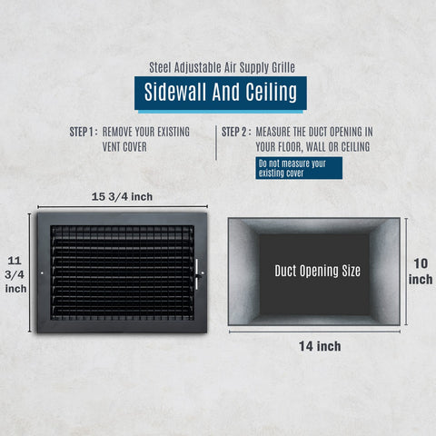 14"x10" Black Steel Adjustable Supply Register, Air Vent Cover with Damper for Sidewall Or Ceiling