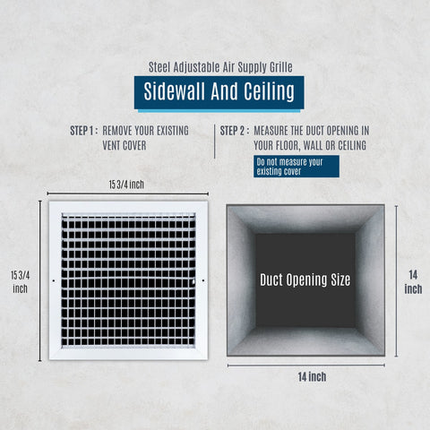 14"x14" White Steel Adjustable Supply Register, Air Vent Cover with Damper for Sidewall Or Ceiling