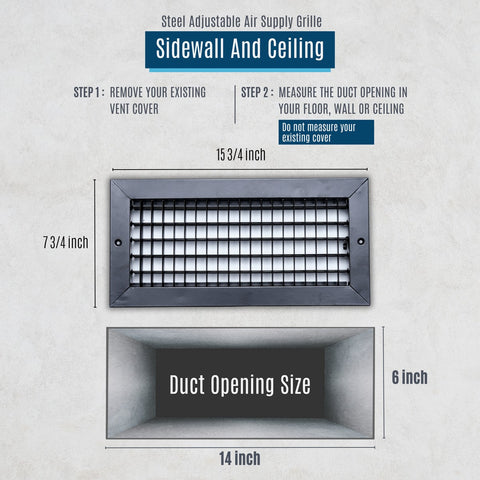 14"x6" Black Steel Adjustable Supply Register, Air Vent Cover with Damper for Sidewall Or Ceiling