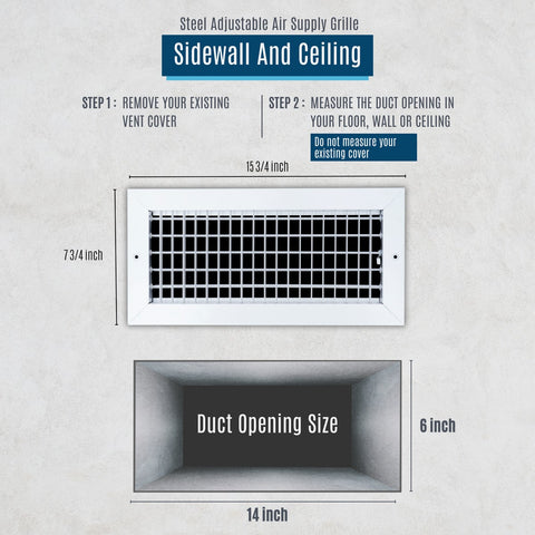 14"x6" White Steel Adjustable Supply Register, Air Vent Cover with Damper for Sidewall Or Ceiling