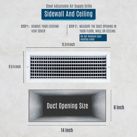 14"x8" White Steel Adjustable Supply Register, Air Vent Cover with Damper for Sidewall Or Ceiling