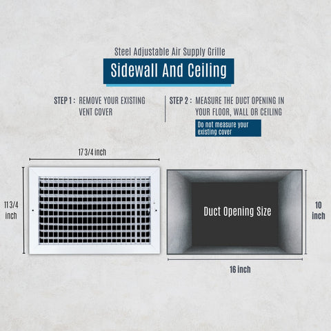 16"x10" White Steel Adjustable Supply Register, Air Vent Cover with Damper for Sidewall Or Ceiling