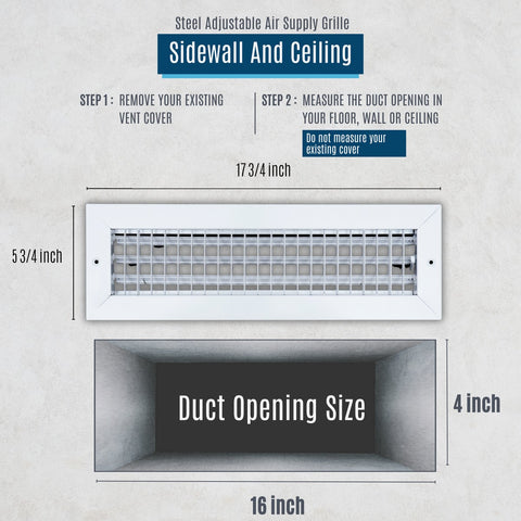 16"x4" White Steel Adjustable Supply Register, Air Vent Cover with Damper for Sidewall Or Ceiling