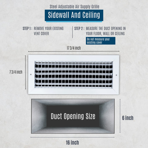 16"x6" White Steel Adjustable Supply Register, Air Vent Cover with Damper for Sidewall Or Ceiling