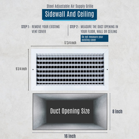 16"x8" White Steel Adjustable Supply Register, Air Vent Cover with Damper for Sidewall Or Ceiling
