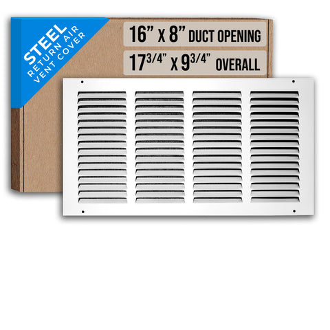 16"x8" White Steel Return Air Grille, High-Airflow HVAC Cold Air Intake for Wall & Ceiling