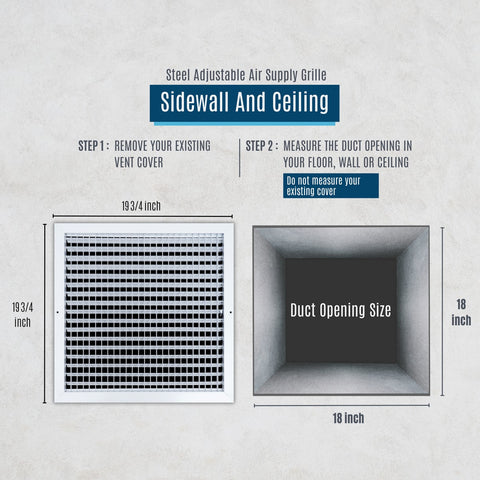 18"x18" White Steel Adjustable Supply Register, Air Vent Cover with Damper for Sidewall Or Ceiling
