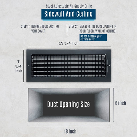 18"x6" Black Steel Adjustable Supply Register, Air Vent Cover with Damper for Sidewall Or Ceiling