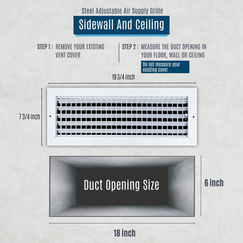 18"x6" White Steel Adjustable Supply Register, Air Vent Cover with Damper for Sidewall Or Ceiling