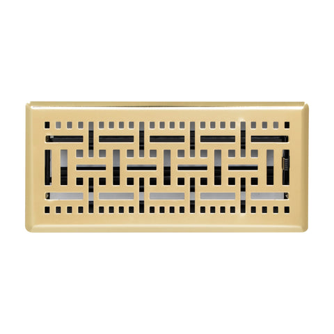 4"x10" Polished Brass Steel Floor Register, Walkable Heavy-Duty Basketweave Vent Cover with Damper