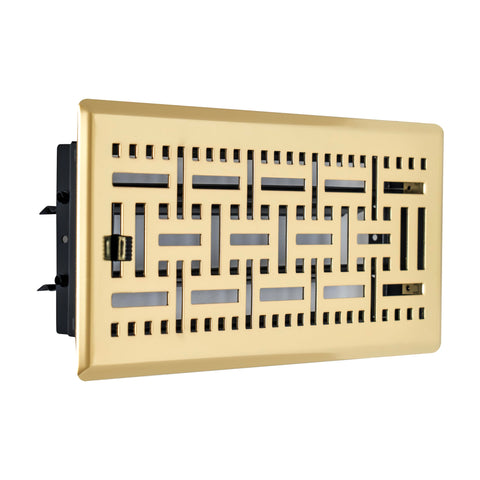 4"x10" Polished Brass Steel Floor Register, Walkable Heavy-Duty Basketweave Vent Cover with Damper