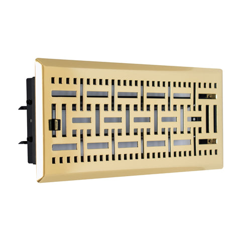 4"x12" Polished Brass Steel Floor Register, Walkable Heavy-Duty Basketweave Vent Cover with Damper