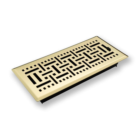 4"x12" Polished Brass Steel Floor Register, Walkable Heavy-Duty Basketweave Vent Cover with Damper