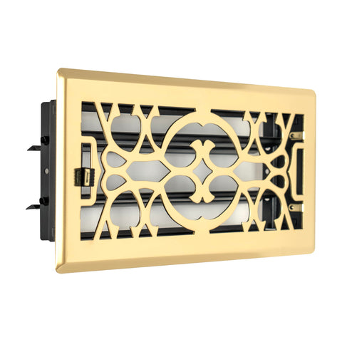 4"x10" Polished Brass Steel Floor Register, Walkable Heavy-Duty Victorian Vent Cover with Damper