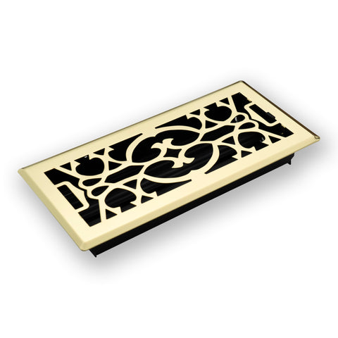 4"x10" Polished Brass Steel Floor Register, Walkable Heavy-Duty Victorian Vent Cover with Damper