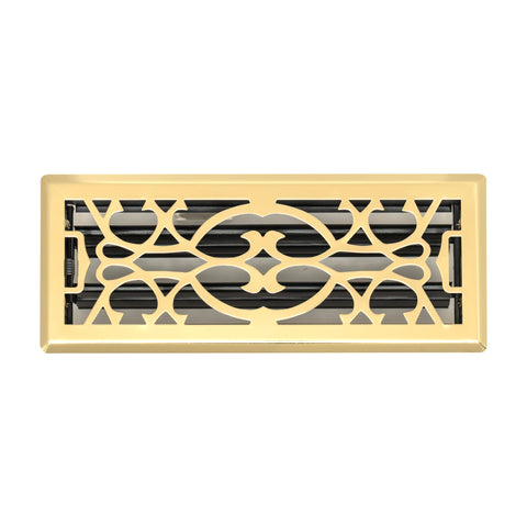 4"x12" Polished Brass Steel Floor Register, Walkable Heavy-Duty Victorian Vent Cover with Damper