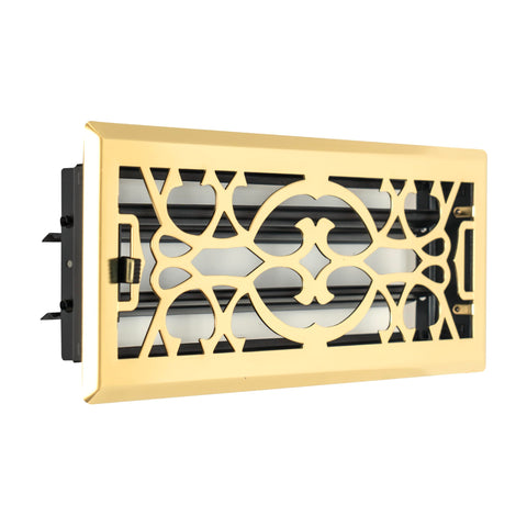 4"x12" Polished Brass Steel Floor Register, Walkable Heavy-Duty Victorian Vent Cover with Damper
