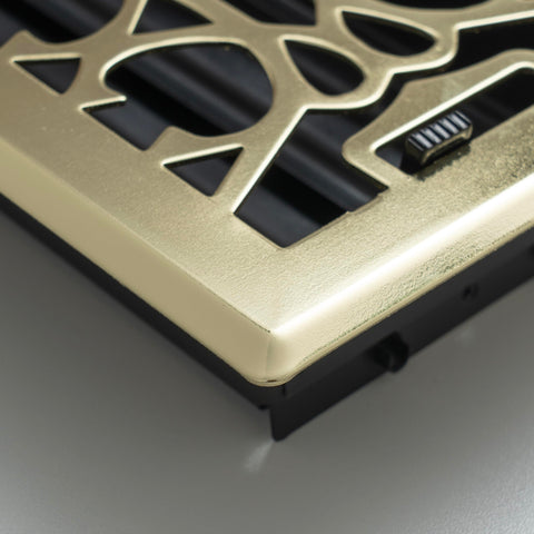 4"x12" Polished Brass Steel Floor Register, Walkable Heavy-Duty Victorian Vent Cover with Damper