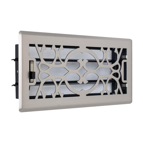 4"x10" Satin Nickel Steel Floor Register, Walkable Heavy-Duty Victorian Vent Cover with Damper