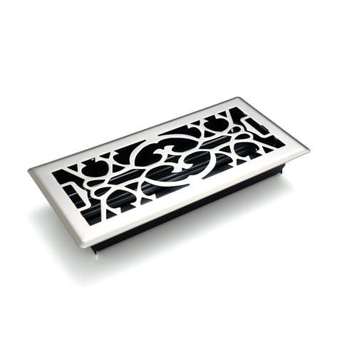 4"x10" Satin Nickel Steel Floor Register, Walkable Heavy-Duty Victorian Vent Cover with Damper