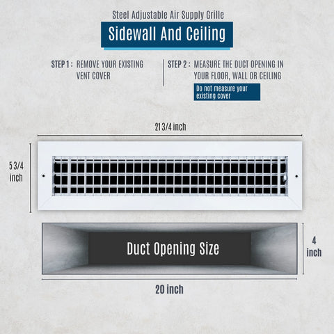 20"x4" White Steel Adjustable Supply Register, Air Vent Cover with Damper for Sidewall Or Ceiling