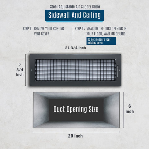 20"x6" Black Steel Adjustable Supply Register, Air Vent Cover with Damper for Sidewall Or Ceiling
