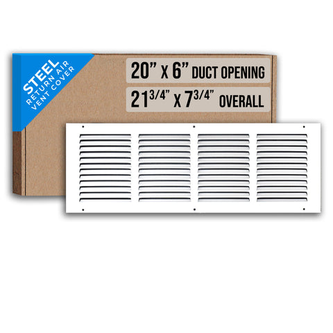 20"x6" White Steel Return Air Grille, High-Airflow HVAC Cold Air Intake for Wall & Ceiling