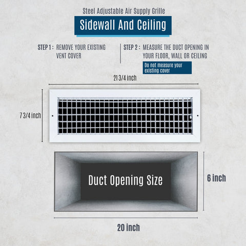 20"x6" White Steel Adjustable Supply Register, Air Vent Cover with Damper for Sidewall Or Ceiling