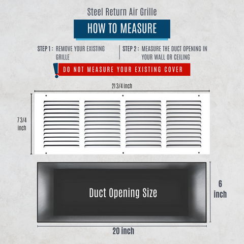 20"x6" White Steel Return Air Grille, High-Airflow HVAC Cold Air Intake for Wall & Ceiling