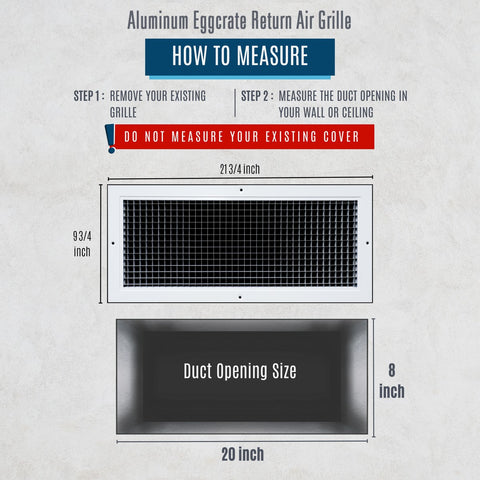 20"x8" White Aluminum Eggcrate Return Air Grille, Low-Noise High-Airflow Rust-Proof Vent Cover