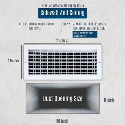 20"x8" White Steel Adjustable Supply Register, Air Vent Cover with Damper for Sidewall Or Ceiling