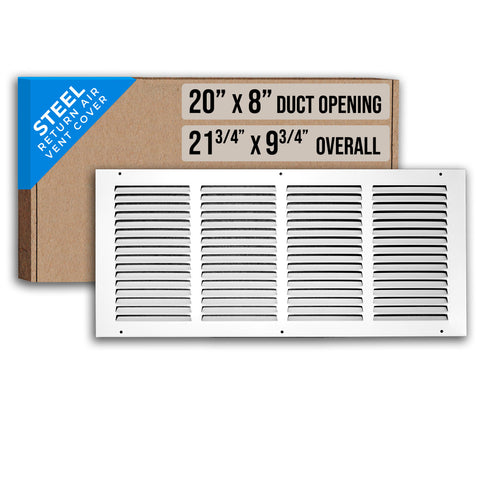 20"x8" White Steel Return Air Grille, High-Airflow HVAC Cold Air Intake for Wall & Ceiling