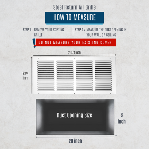 20"x8" White Steel Return Air Grille, High-Airflow HVAC Cold Air Intake for Wall & Ceiling