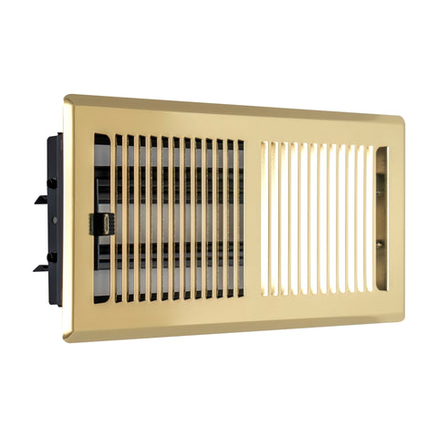 4"x10" Polished Brass Steel Floor Register, Walkable Heavy-Duty Contemporary Louvered Vent Cover with Damper