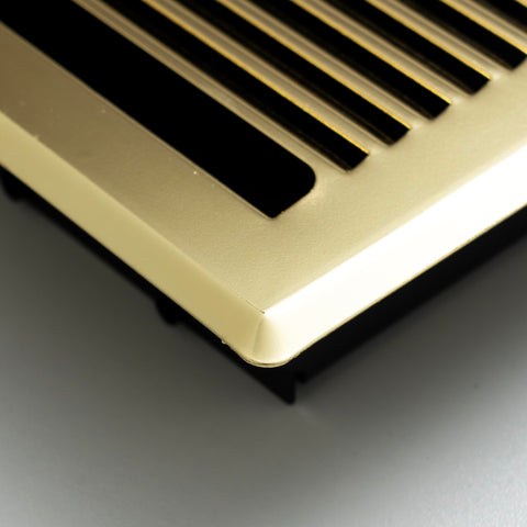 4"x10" Polished Brass Steel Floor Register, Walkable Heavy-Duty Contemporary Louvered Vent Cover with Damper