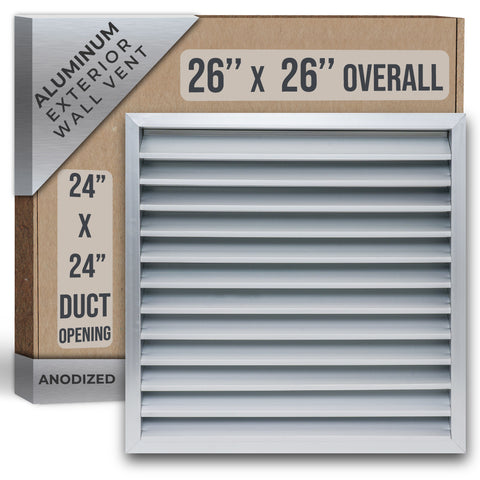 24"x24" Anodized Aluminum Exterior Wall Louver, Weatherproof Rain & Rust Resistant Vent Cover