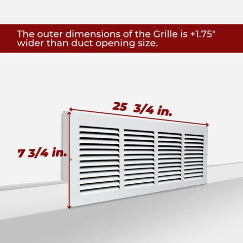 24"x6" White Steel Baseboard Return Air Grille, 7/8" Turnback Depth
