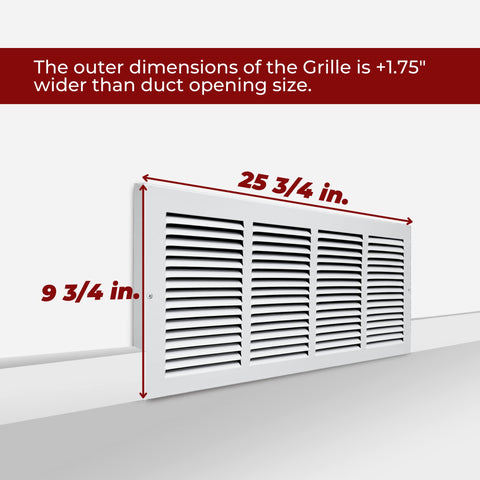 24"x8" White Steel Baseboard Return Air Grille, 7/8" Turnback Depth