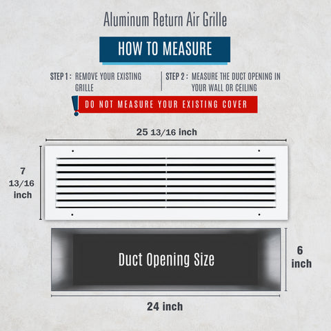24"x6" White Aluminum Rust-Free Return Air Grille, High-Airflow HVAC Cold Air Intake for Wall & Ceiling