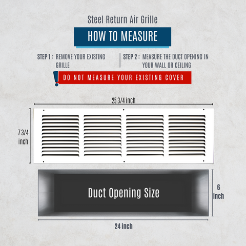 24"x6" White Steel Return Air Grille, High-Airflow HVAC Cold Air Intake for Wall & Ceiling